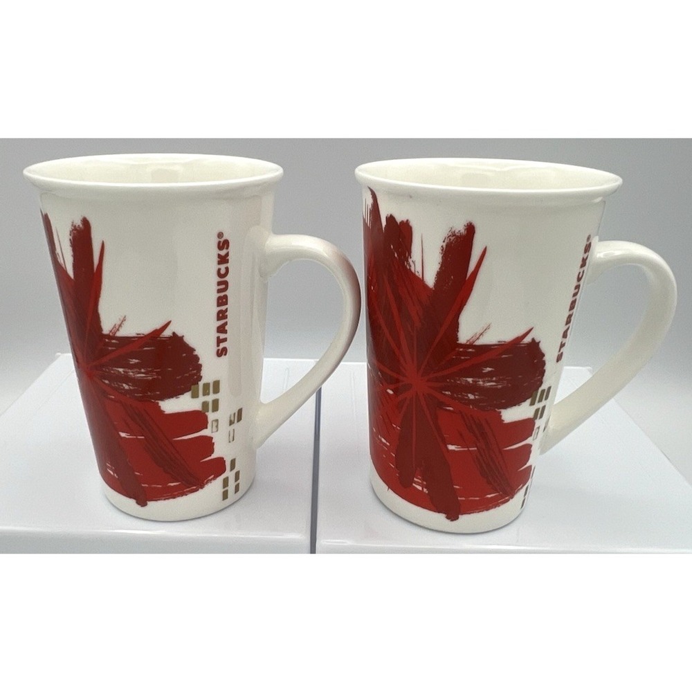 2 Starbucks 2014 Christmas Mug Set White w/ Red Abstract Art Gold Specks 12 oz